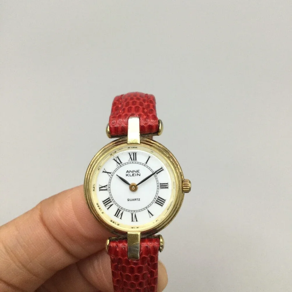 Anne Klein Watch Women 21mm Gold Tone Red Leather Band New Battery